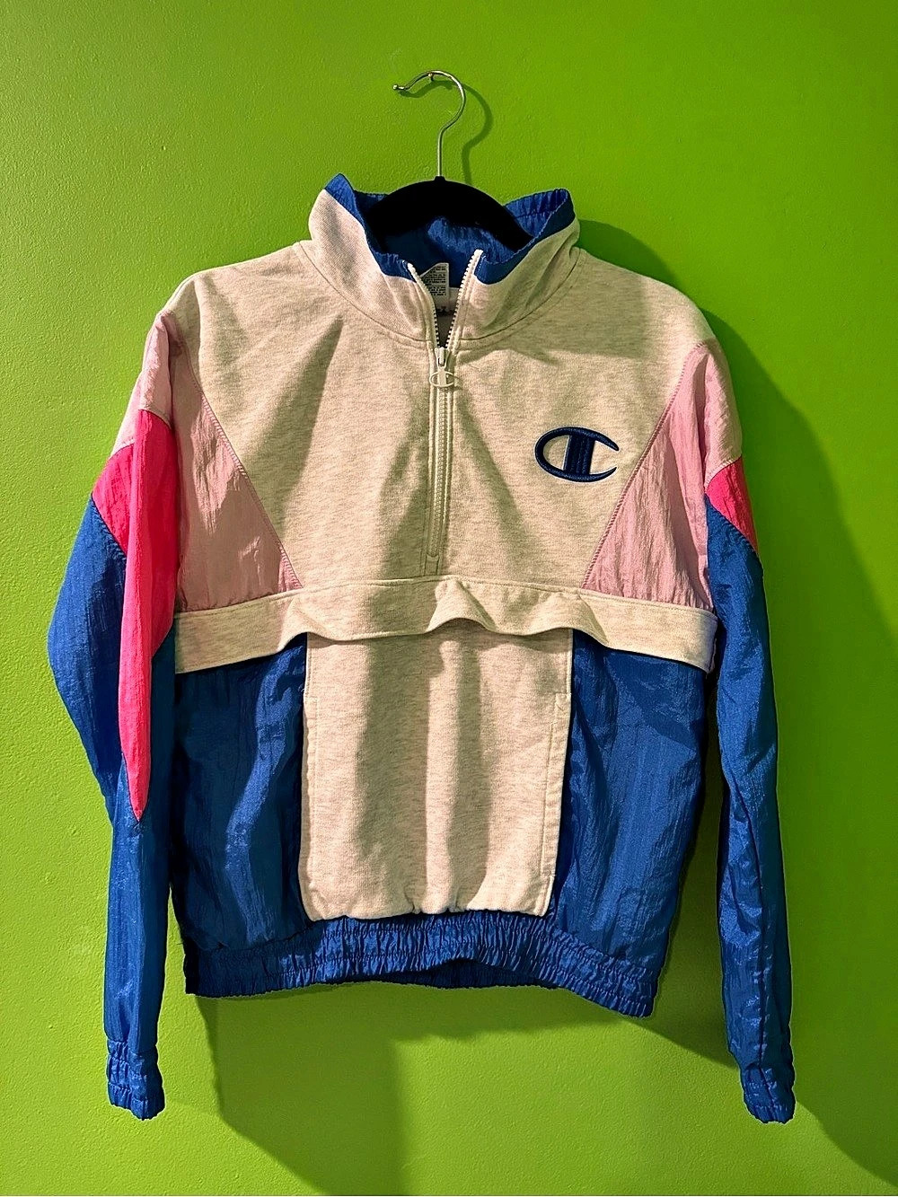Champion Colorblock Quarter-Zip Pullover Sweatshirt Blue & Pink Small